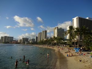 Waikiki Beach Surfen Strand Skyline Honolulu Oahu Hawaii