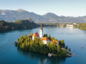 Bled See Insel Drohne Slowenien